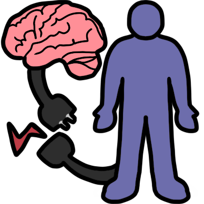 a pink brain and a lavender body. both have a black cable with plug coming out of them. the plugs are disconnected, and there's a small red zigzag showing that it isn't working.